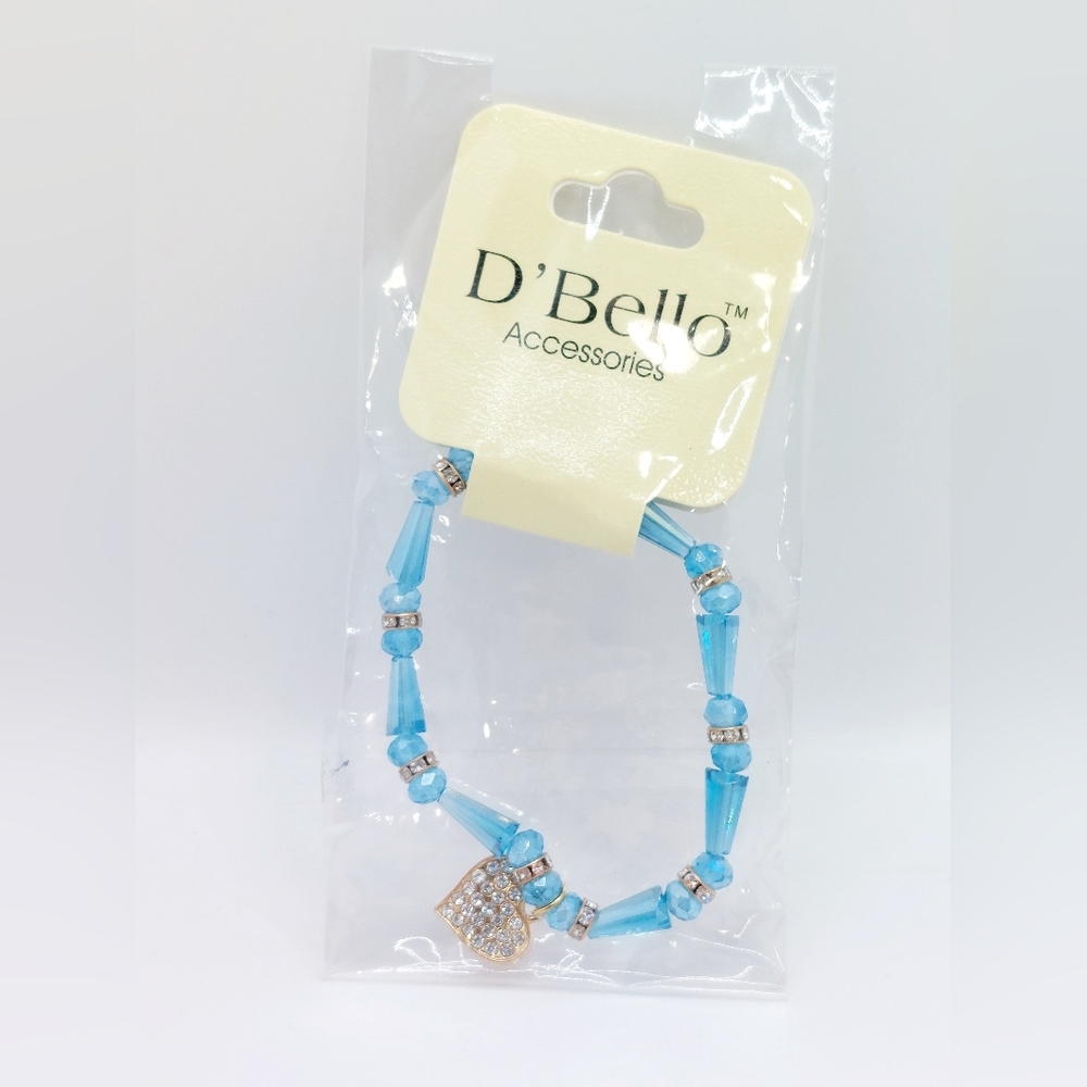 D'Bello Accessories Blue and‎ Gold Rhinestone Heart Beaded Bracelet